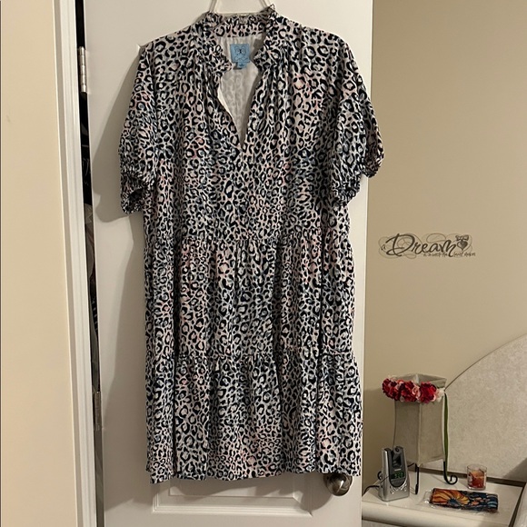 CeCe Leopard Print Dress - Black, White, Pink, Blue. - Picture 1 of 4